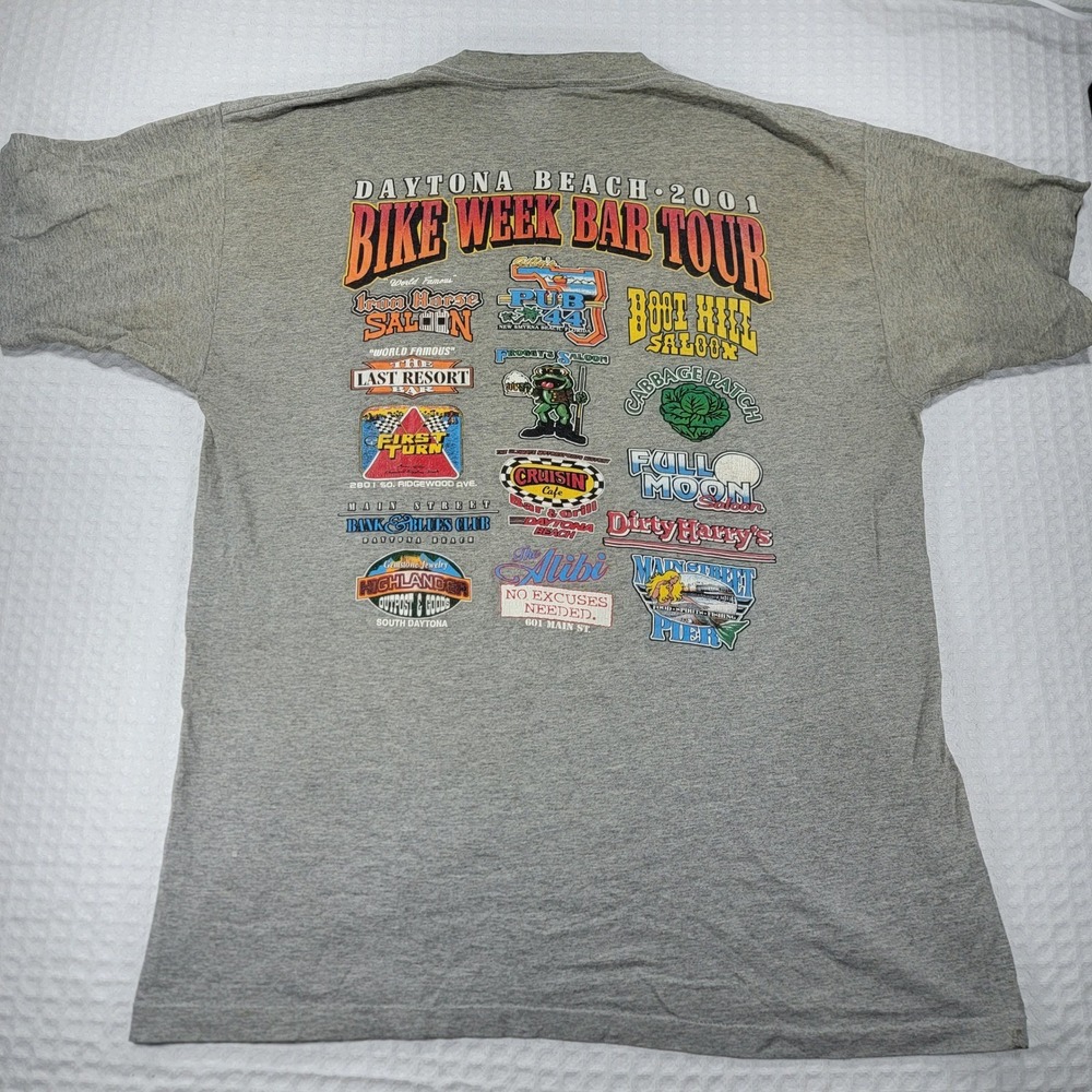 Vintage Single Stitch 2001 Daytona Beach Bike Week Bar Tour T-Shirt Gray  XL - Picture 8 of 9